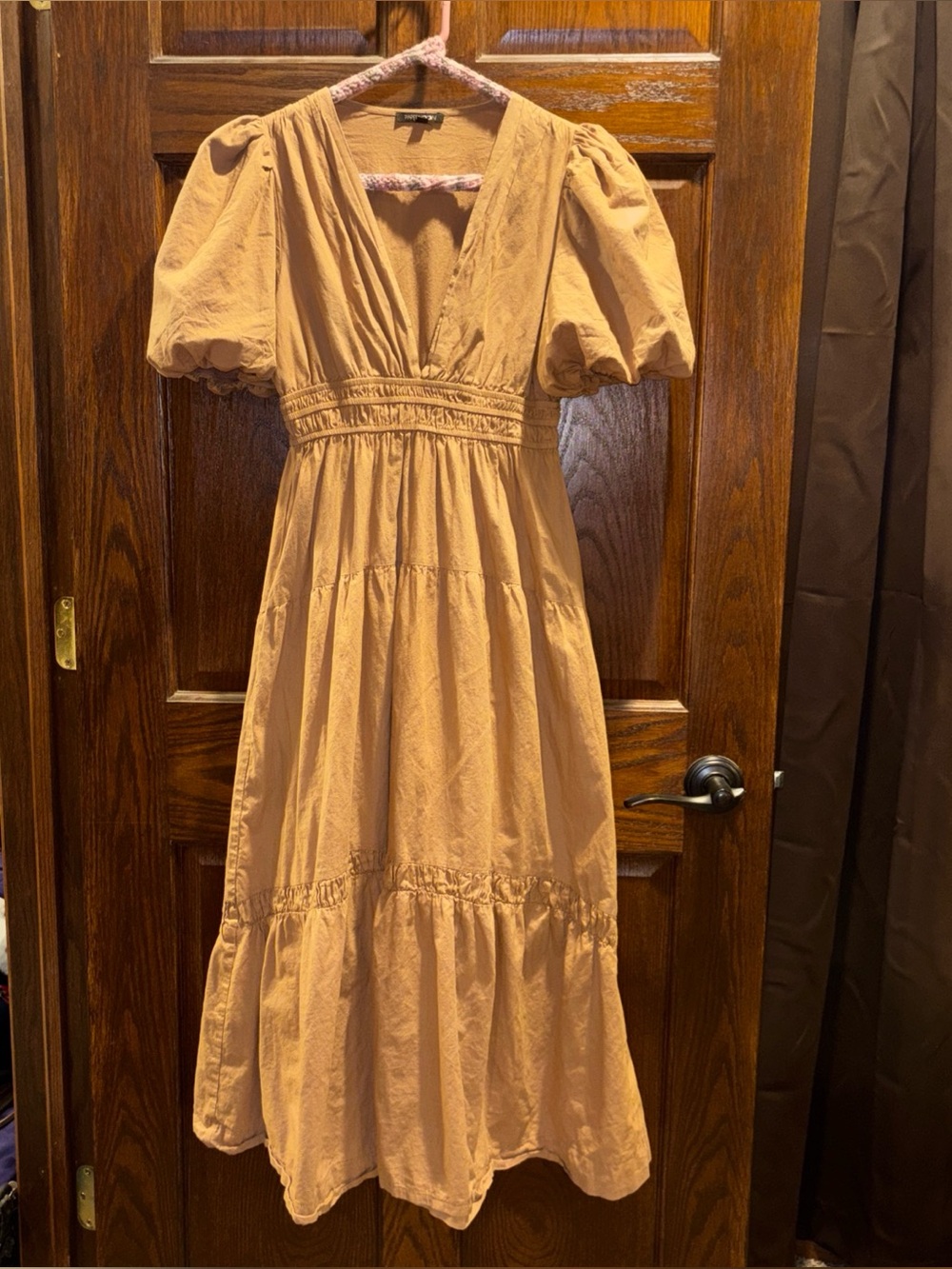 Papermoon Puff-Sleeve V-Neck Midi Dress in Camel